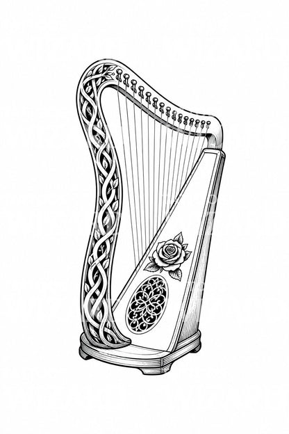Carved Vine Harp Tattoo Illustration