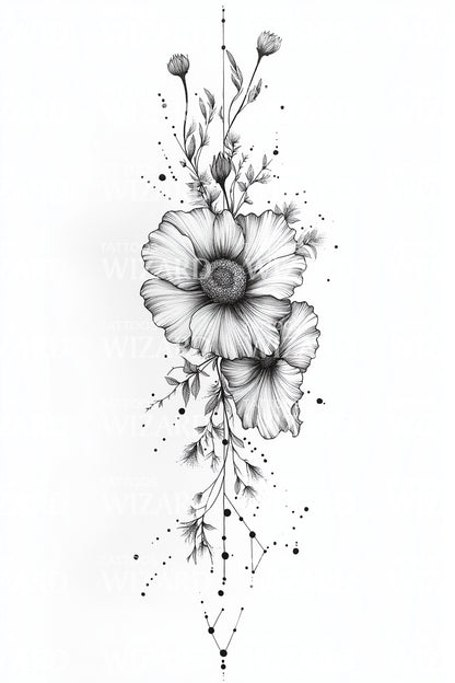 Design de tatouage ligne de fleurs sauvages en cascade