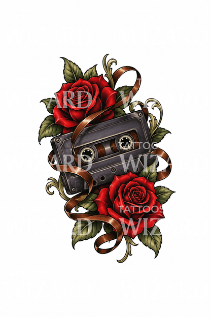 Casete con cinta desenrollada y rosas, tatuaje