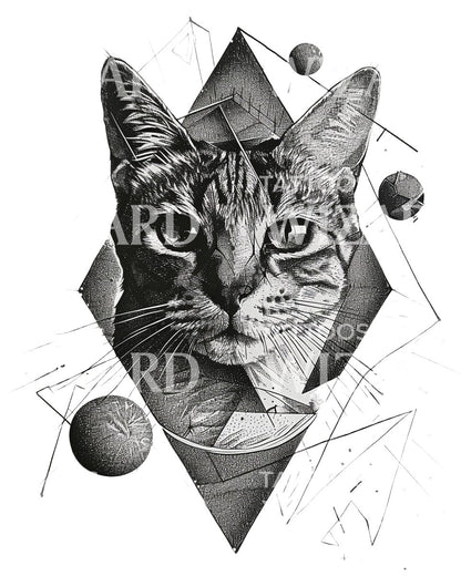 Cat and Geometric Cosmic Shapes Tattoo Design