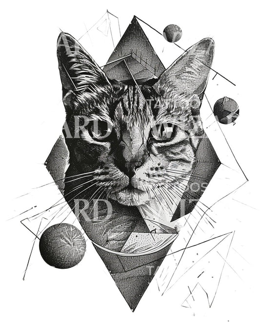 Tattoo-Design mit Katze und geometrischen kosmischen Formen