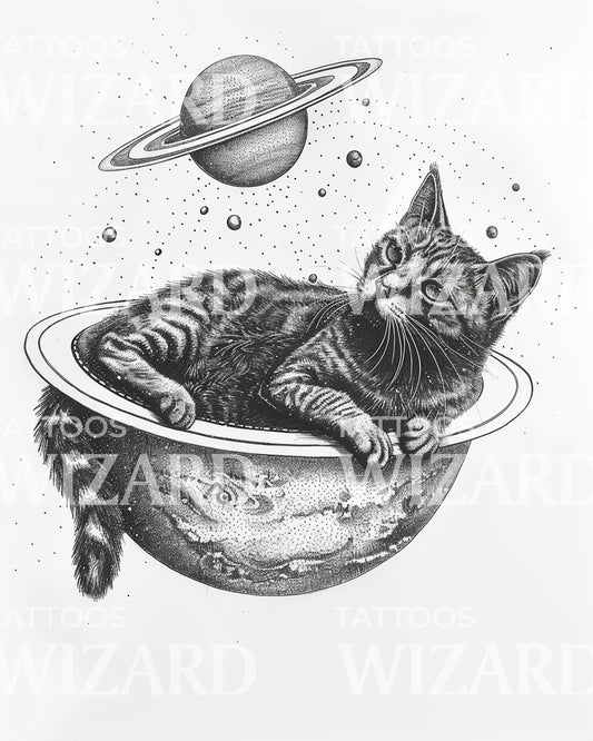 Cat and Planets Tattoo Design
