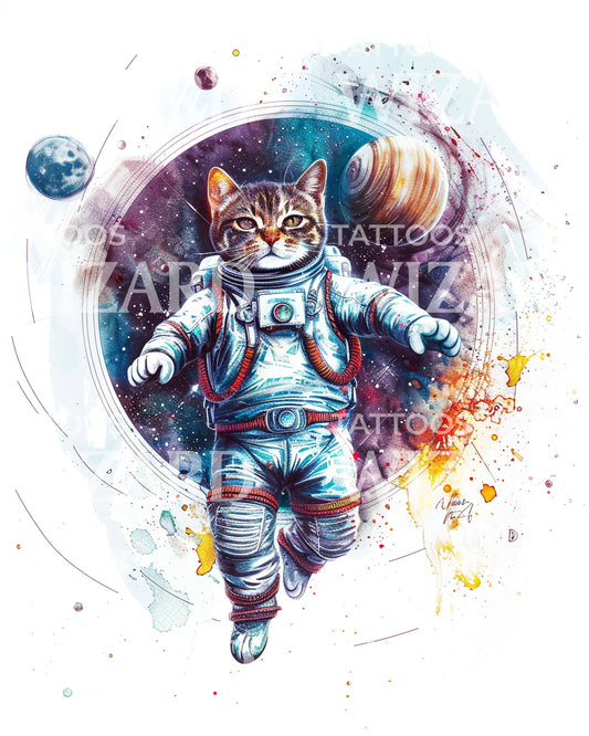 Cat Astronaut Watercolor Tattoo Design