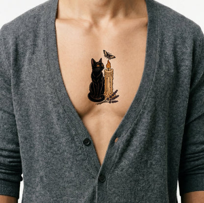 Tatoveringsdesign med sort kat og stearinlys