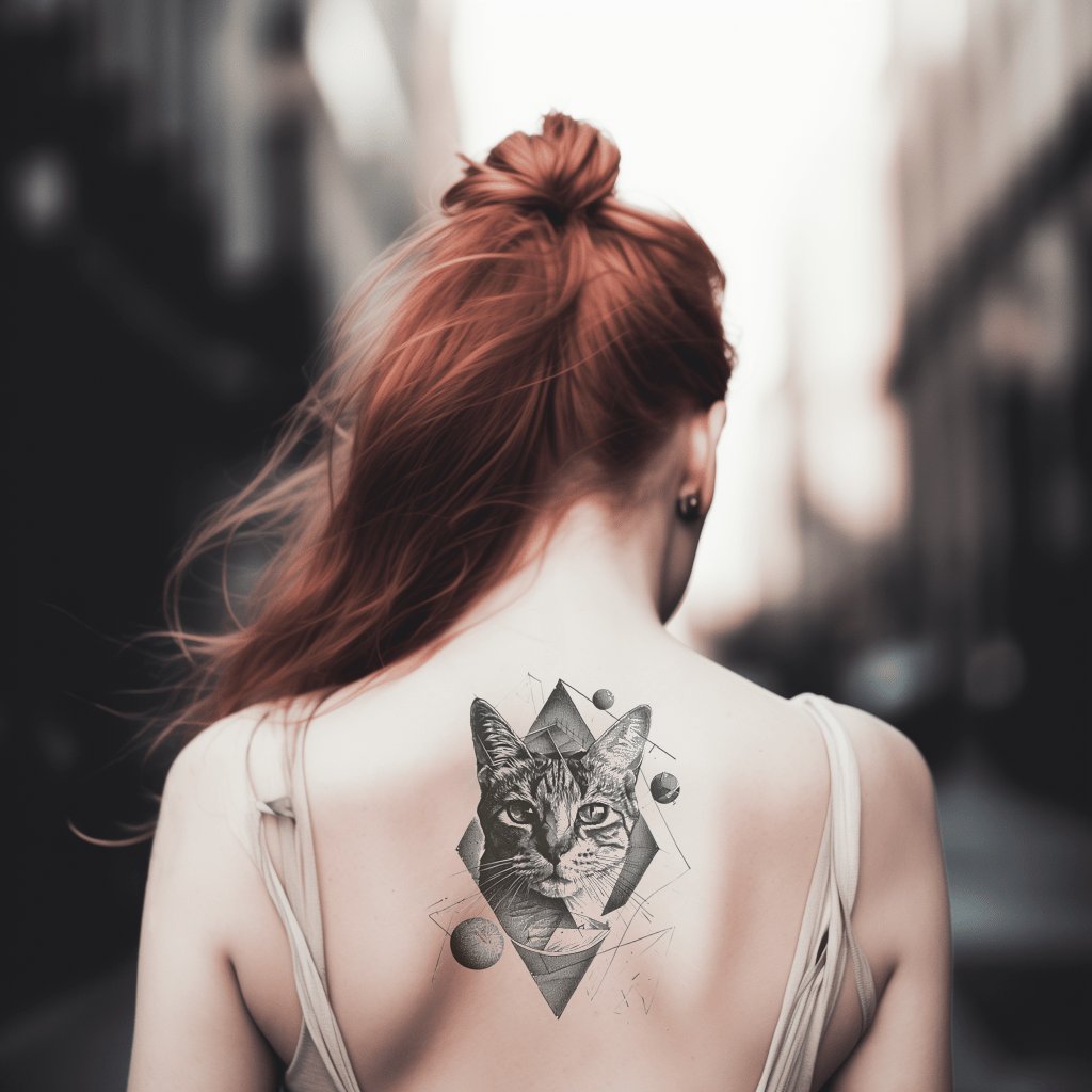 Cat and Geometric Cosmic Shapes Tattoo Design