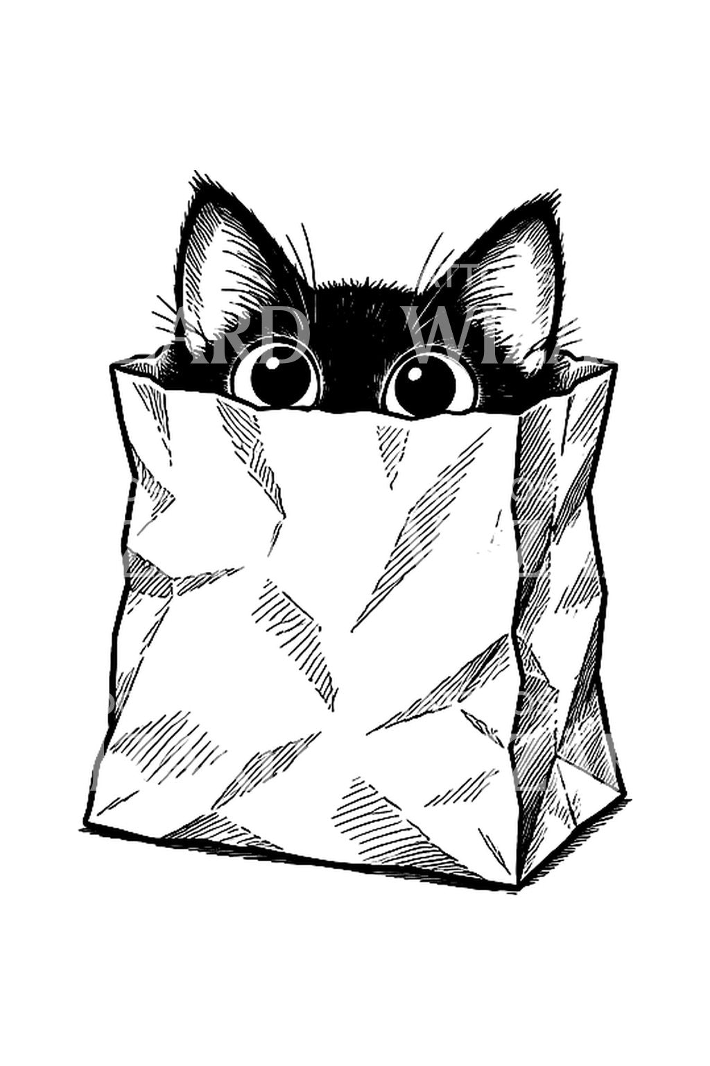 Cat Peeking Out of Paper Bag Doodle Tattoo Idea