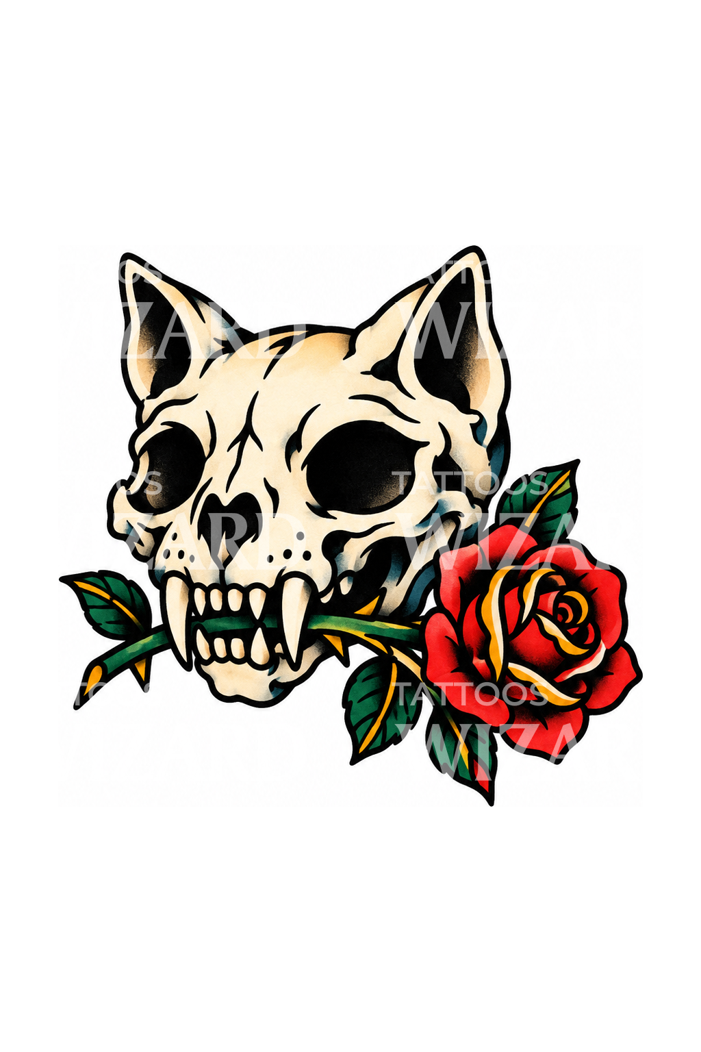 Rosos Design Cat Skull with Rose Traditional Tattoo – Tattoos Wizard Designs