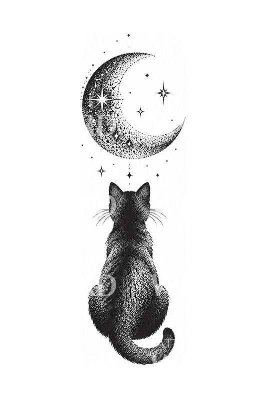 Cat Watching Crescent Moon Dotwork Tattoo