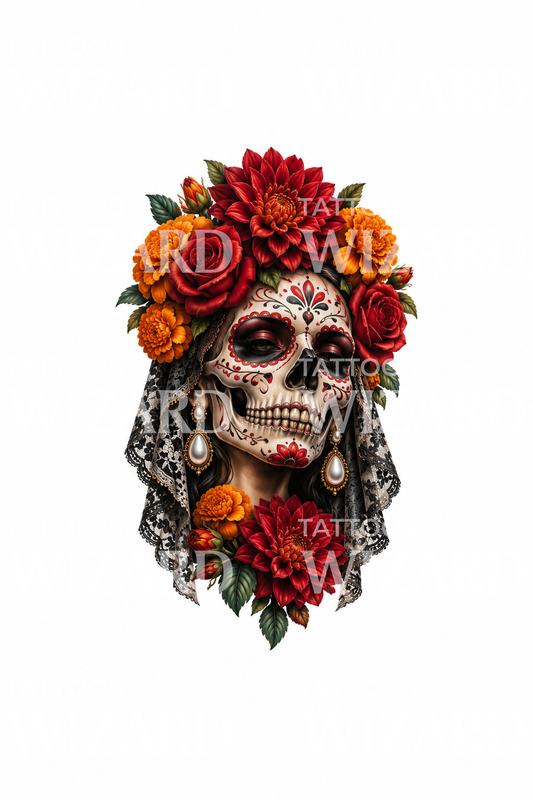 Desain Tato Catrina dengan Dahlia dan Kerudung Renda