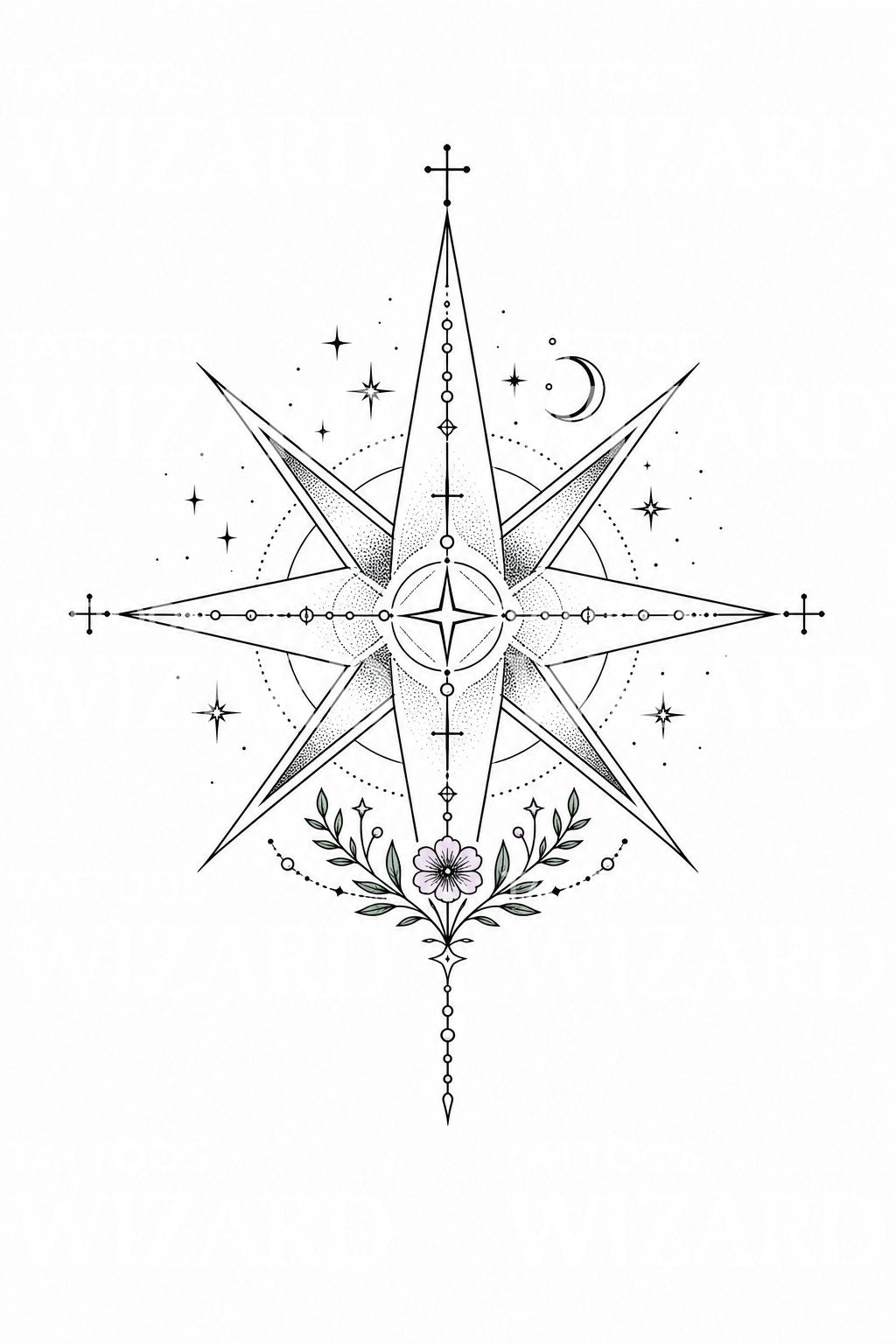 Celestial Compass Star Tattoo Illustration