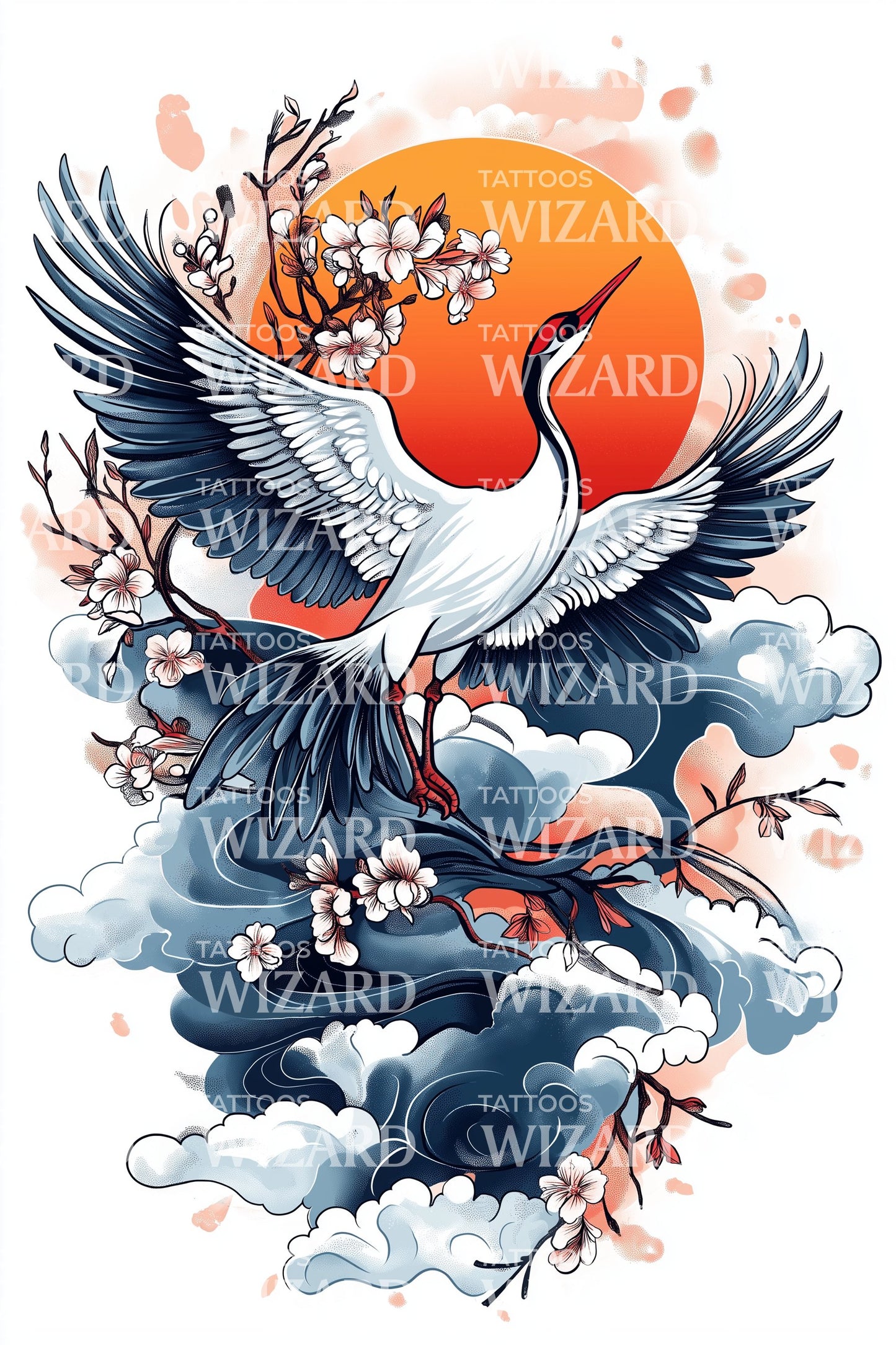 Celestial Crane Flight Tattoo Design