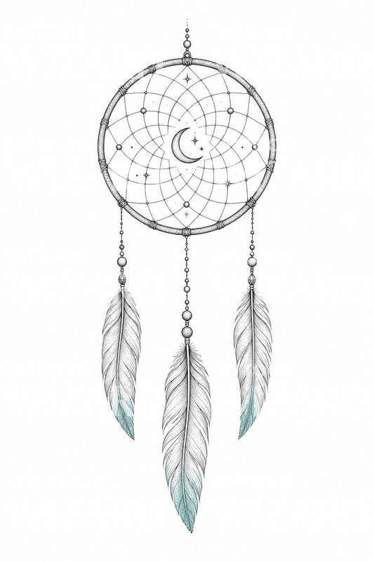 Himmelsk dreamcatcher fine line tatoveringsdesign
