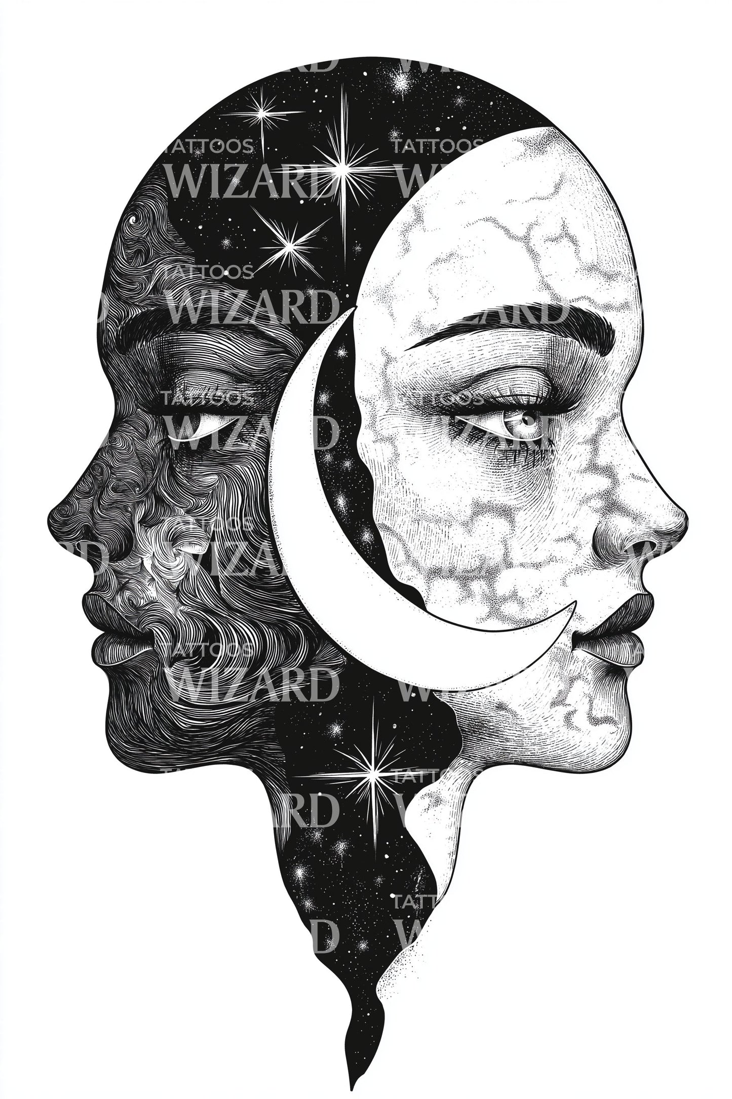 Design de Tatuagem Celestial com Perfil Duplo