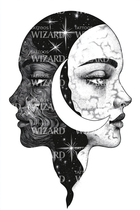 Design de Tatuagem Celestial com Perfil Duplo