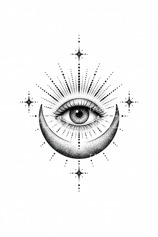 Hemels oog in halve maan met stralen, dotwork-tatoeage