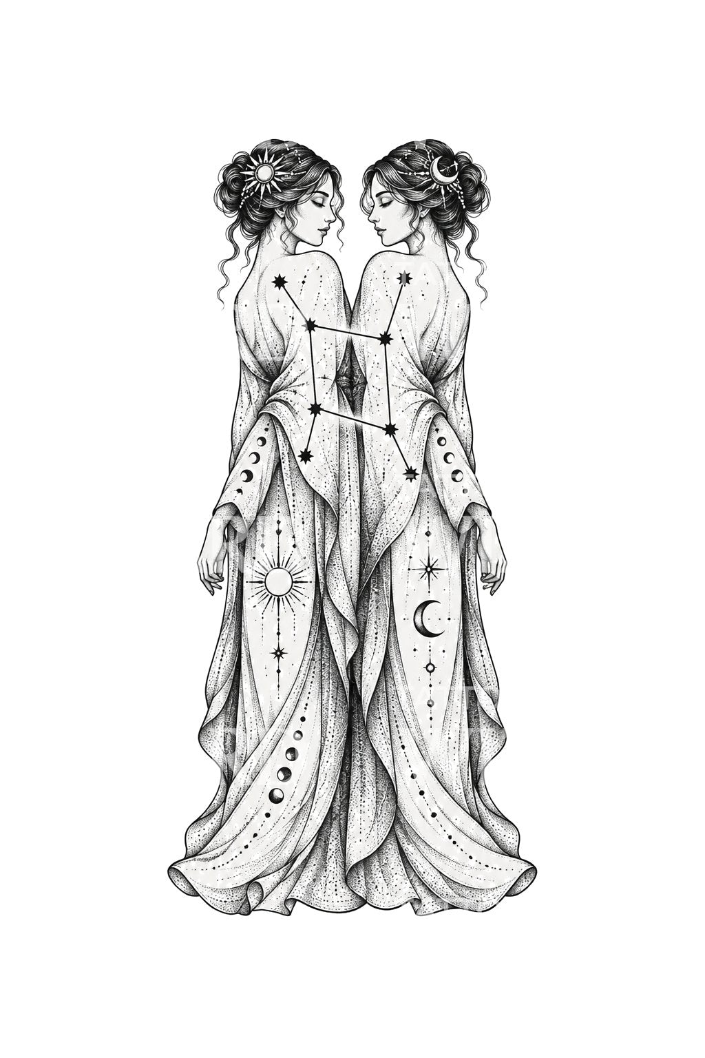 Nebeské sestry Blíženci, dotwork ilustrace tetování