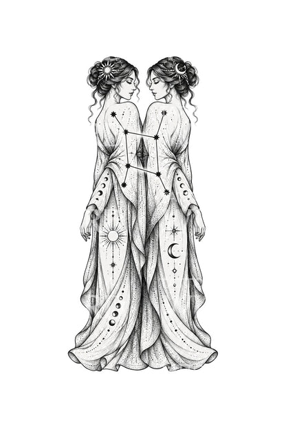 Nebeské sestry Blíženci, dotwork ilustrace tetování