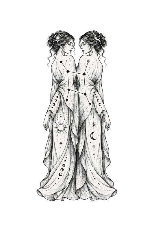 Hemelse Tweelingenzussen, dotwork-tattoo-illustratie