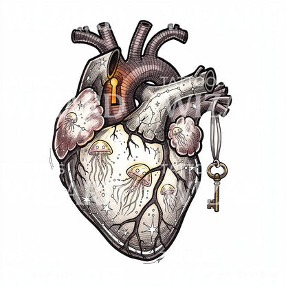 Celestial Heart Key Tattoo Design