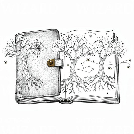 Himmelsk Dagbog og Kompas Tattoo-Design