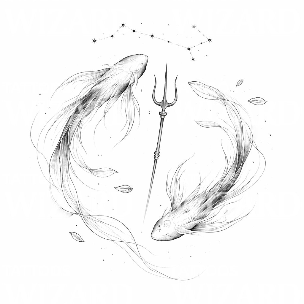 Celestial Koi Trident Tattoo Design