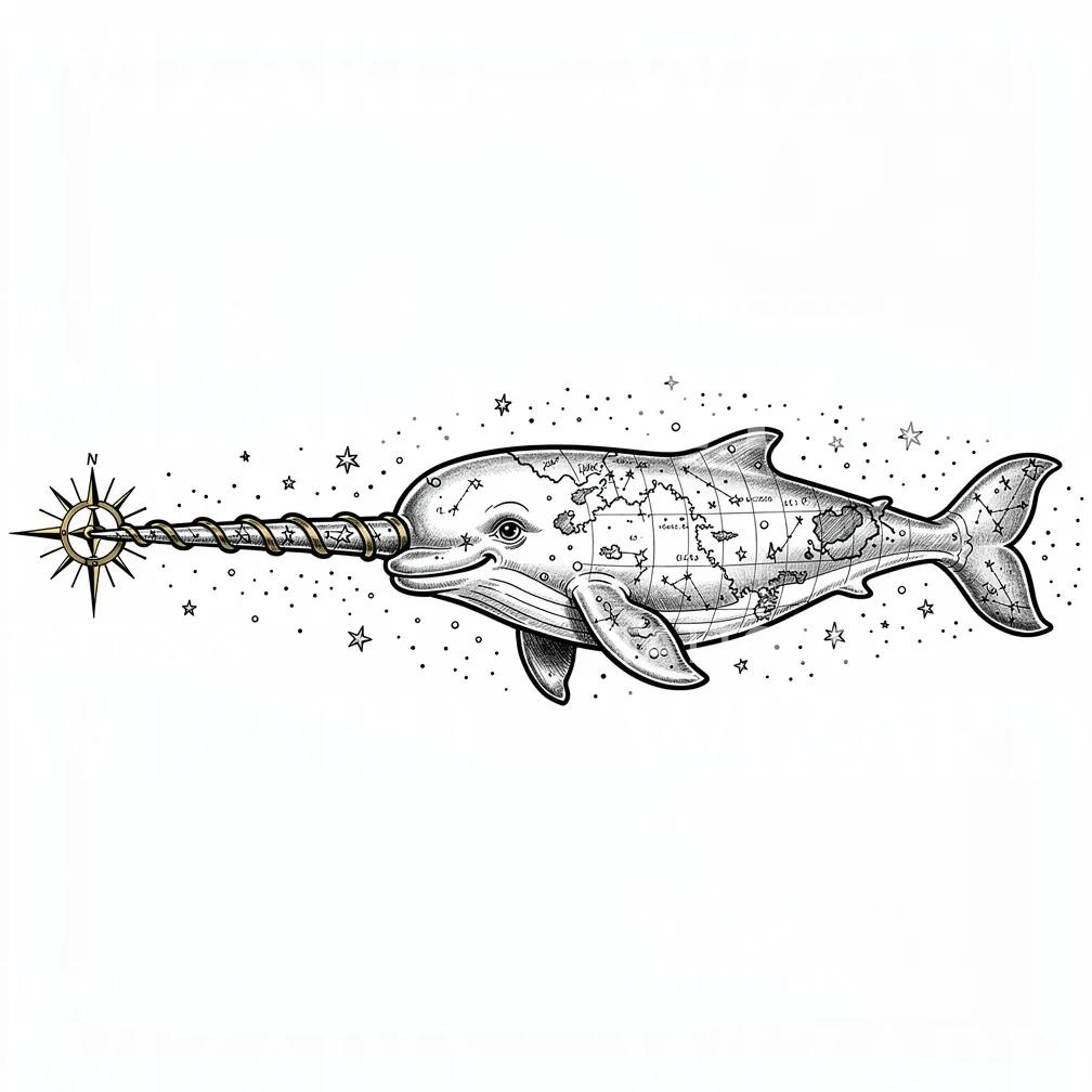 Celestial Narwhal Map Tattoo Design