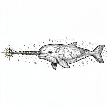 Celestial Narwhal Map Tattoo Design
