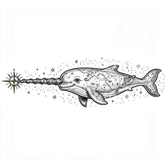 Celestial Narwhal Map Tattoo Design