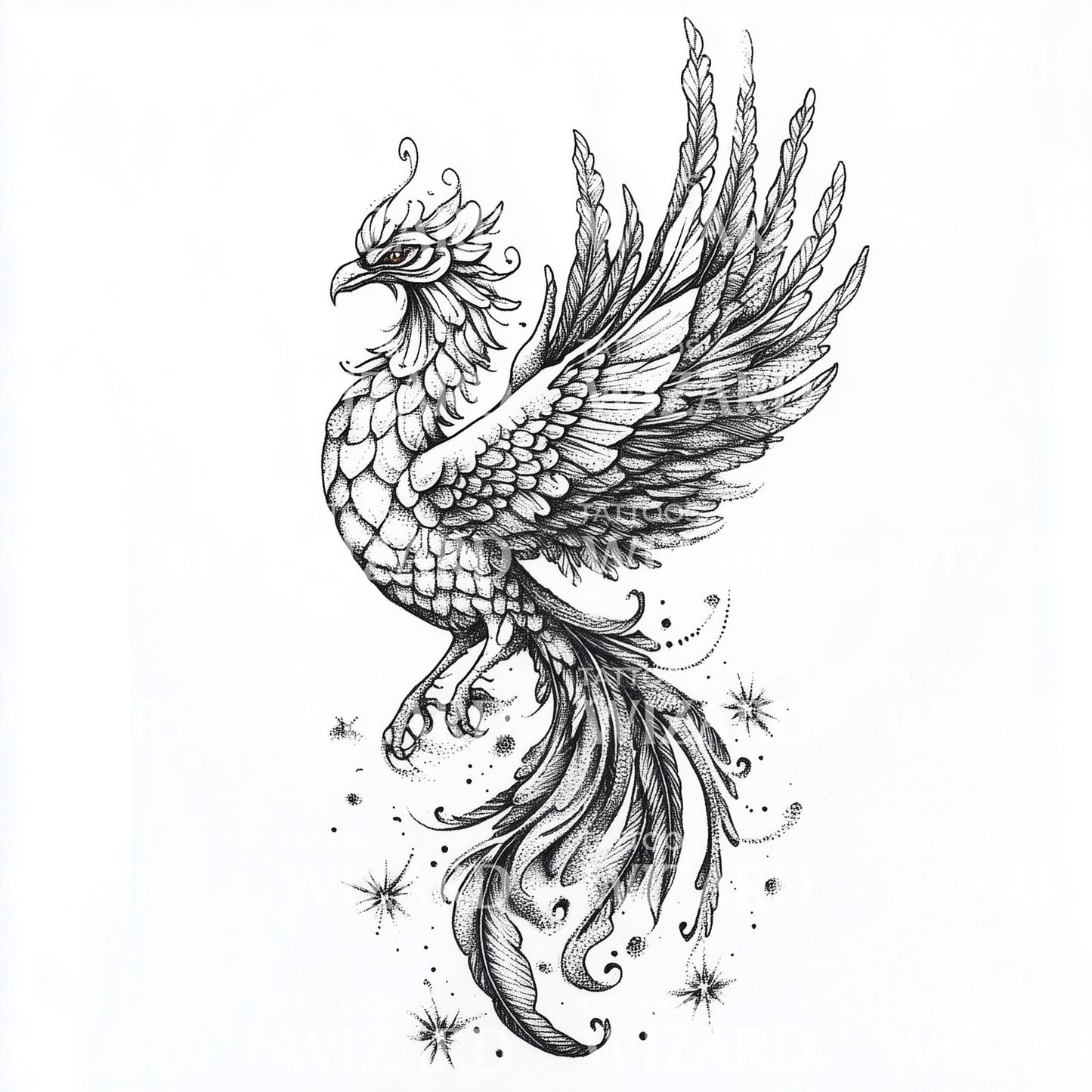 Celestial Phoenix with Sparkling Embers Tattoo Idea