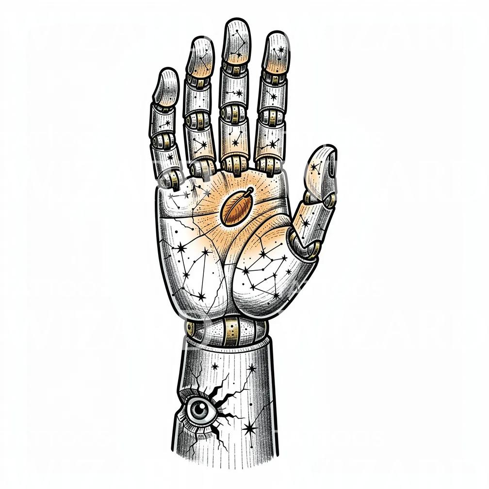 Celestial Robotic Hand Tattoo Design