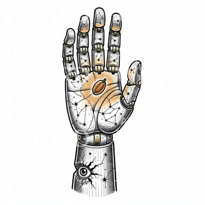 Celestial Robotic Hand Tattoo Design