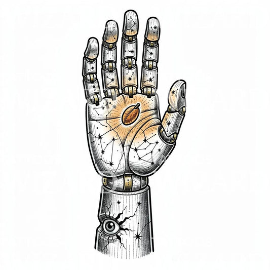 Celestial Robotic Hand Tattoo Design