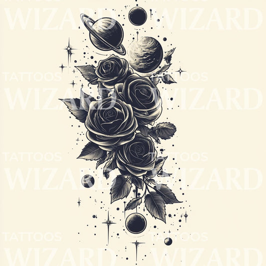 天体玫瑰与行星纹身创意