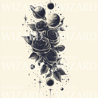 天体玫瑰与行星纹身创意