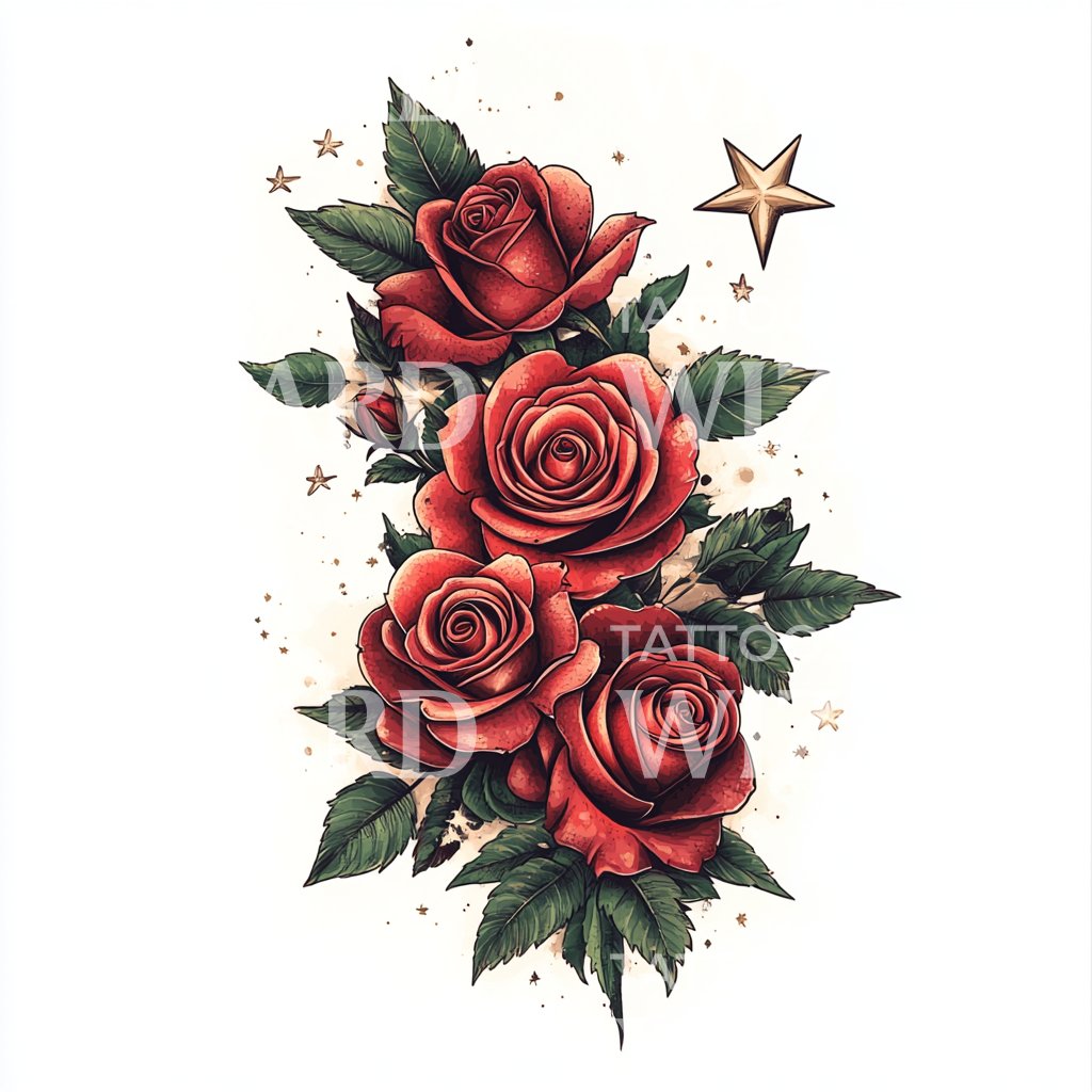 Celestial Roses and Stars Tattoo Design