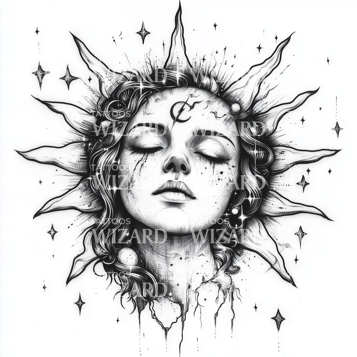 Celestial Sun and Woman Tattoo Design