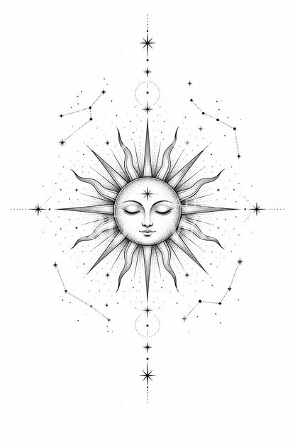 Celestial Sun Face Tattoo Design
