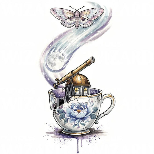 Celestial Teacup Telescope Tattoo Illustration