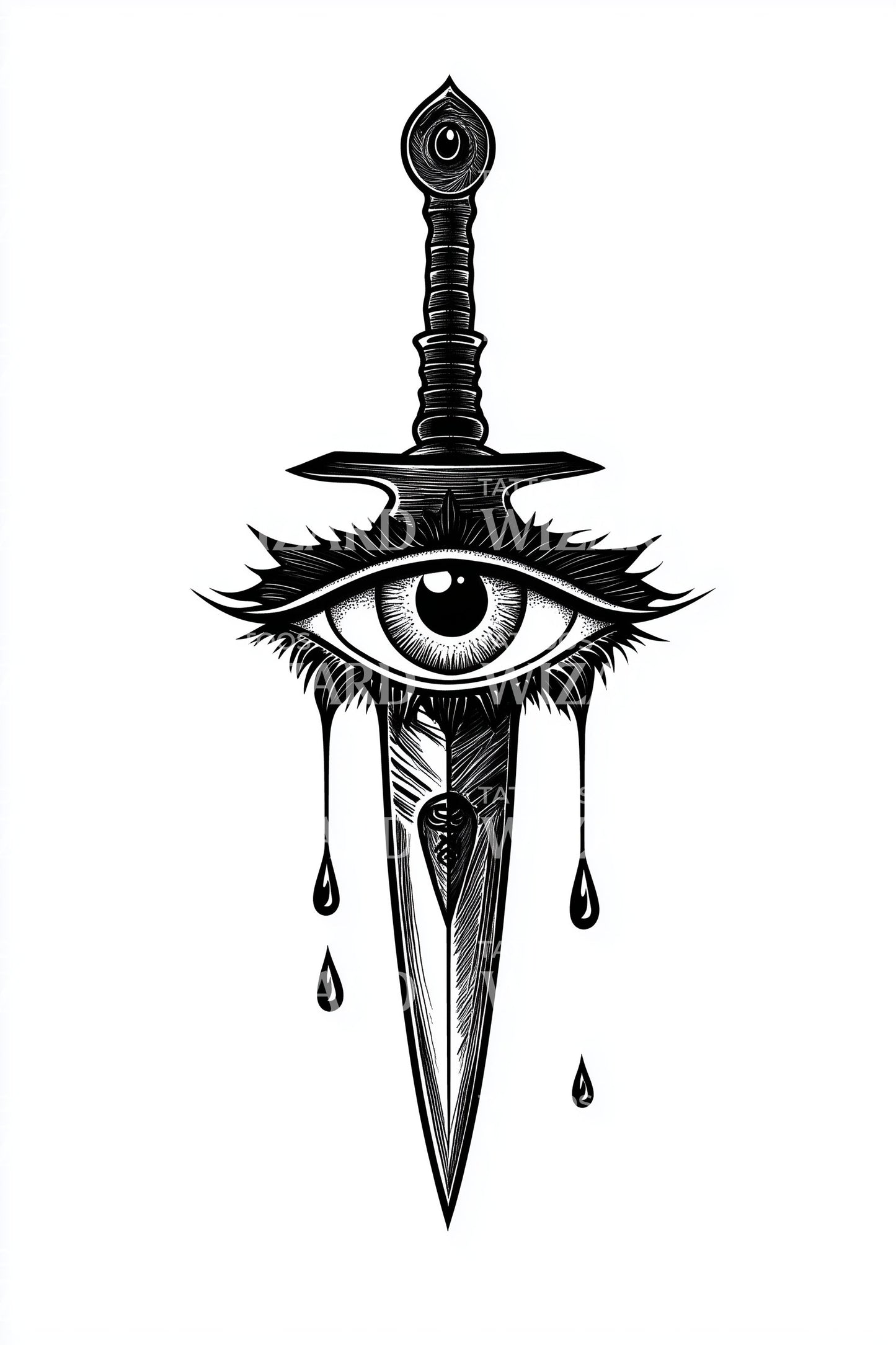 Celestial Tear-Eye Blade Tattoo Design