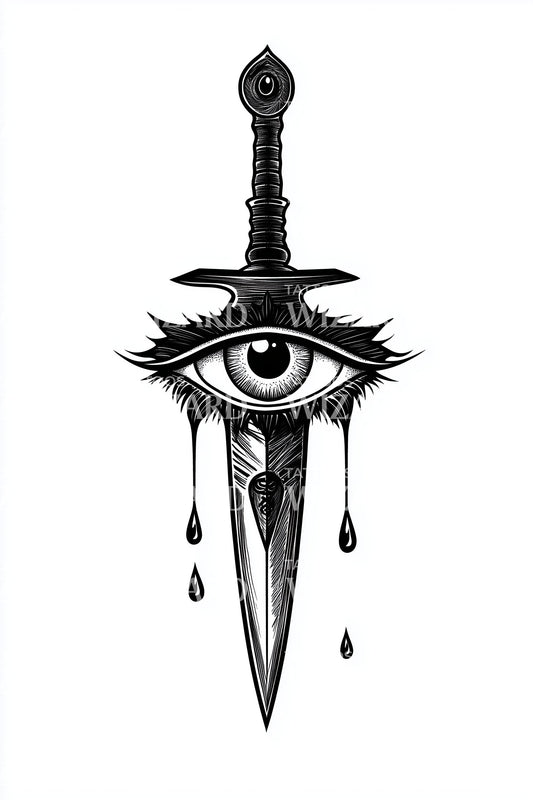 Celestial Tear-Eye Blade Tattoo Design