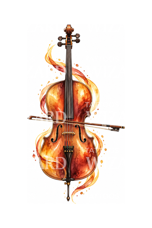 Cello with Flowing Bow Watercolor Tattoo