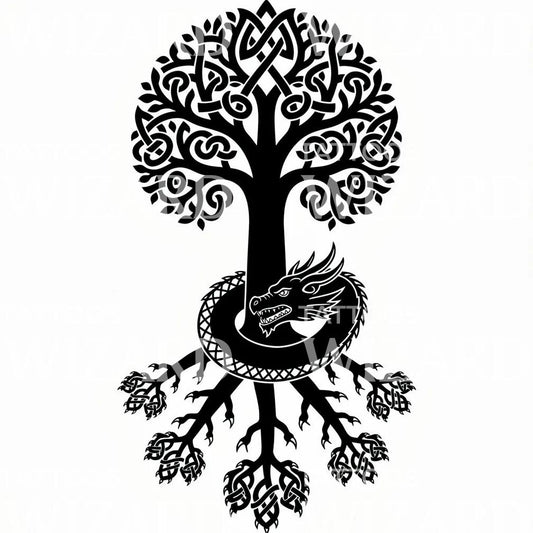 Design de Tatuagem Dragão Celta e Árvore