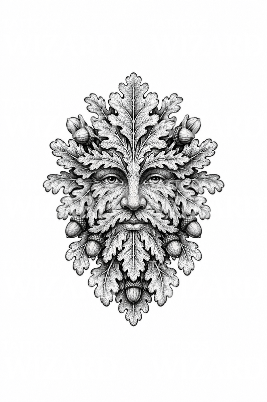 Tatuaje celta del Hombre Verde con hoja de roble en dotwork