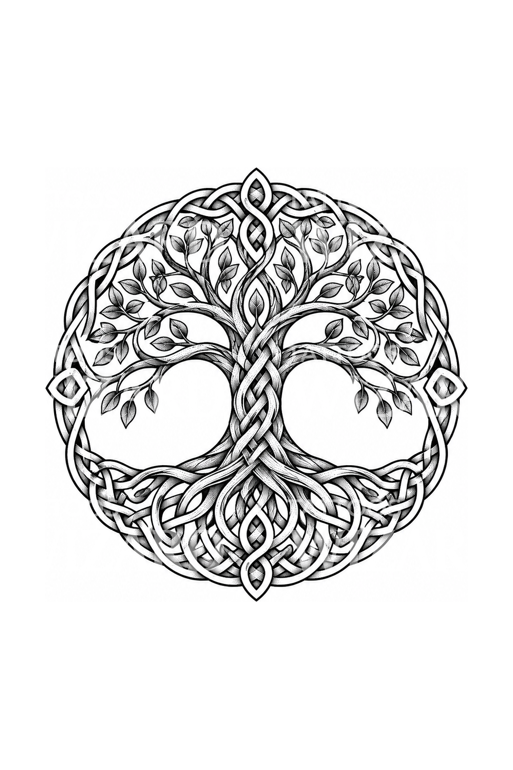 Tatuaje dotwork del árbol de la vida celta con nudos