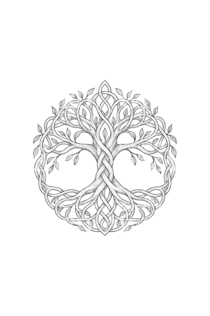 Tatuaje fine line del árbol de la vida celta en círculo con nudos