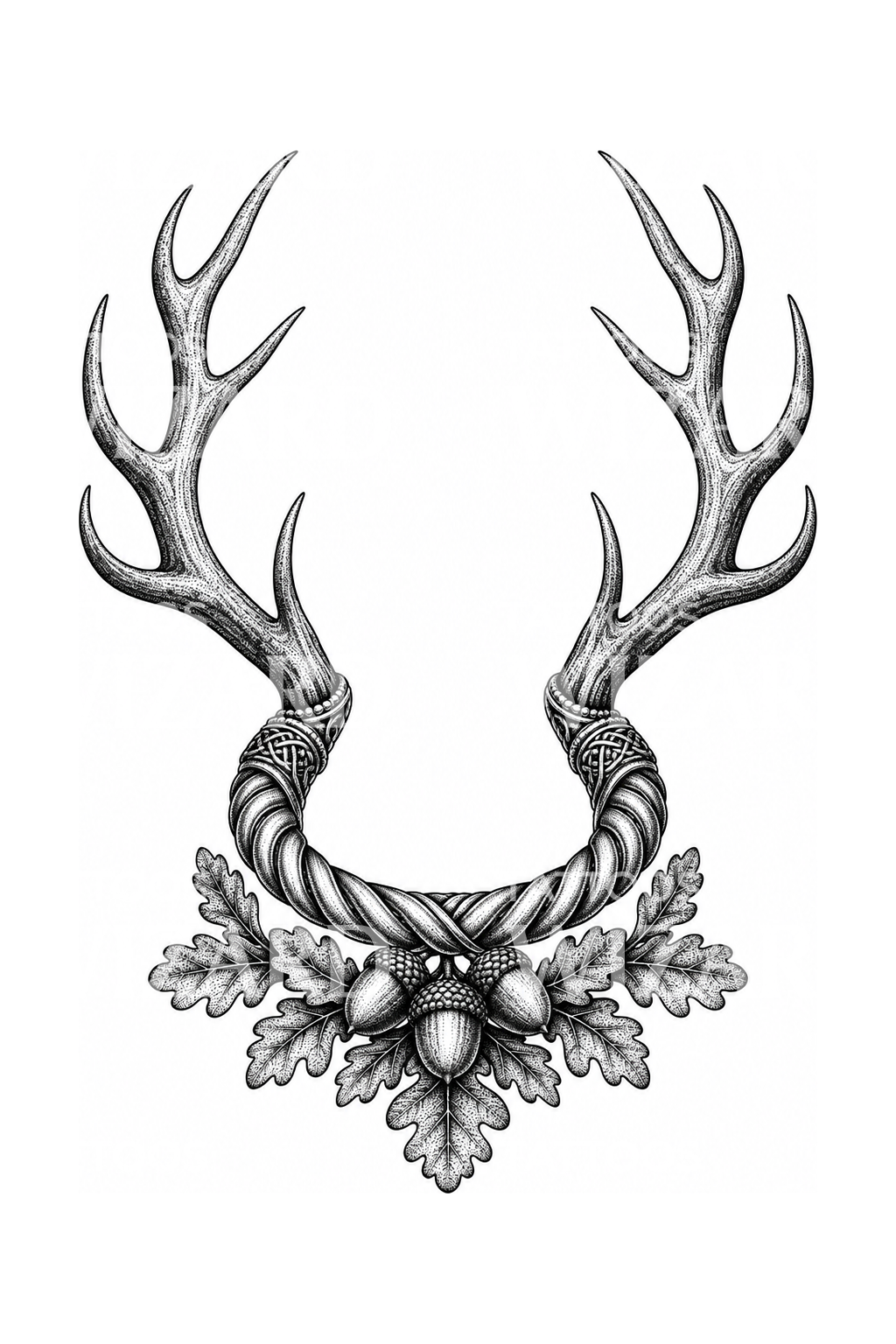 Dotwork-tatovering af Cernunnos’ gevir med keltisk torques og egeblade