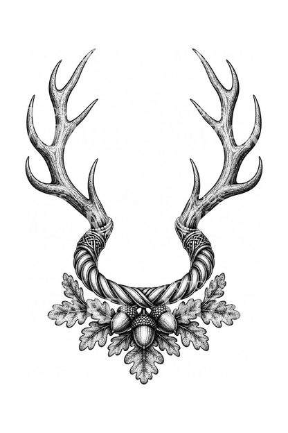 Dotwork-tatovering af Cernunnos’ gevir med keltisk torques og egeblade