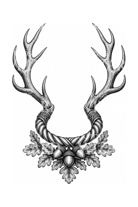 Tatuaje dotwork de las astas de Cernunnos con torques celta y hojas de roble