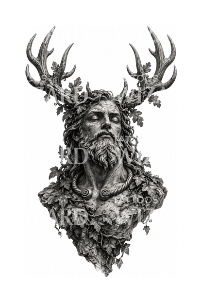 Tattoo-Design der steinernen Büste des gehörnten Cernunnos