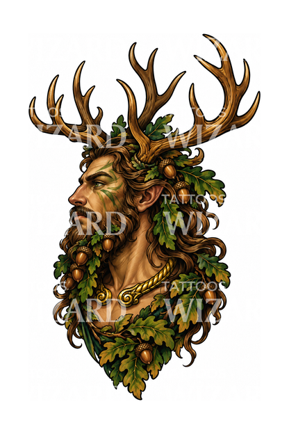 Ilustrasi Tato Cernunnos, Dewa Bertanduk dengan Daun Ek
